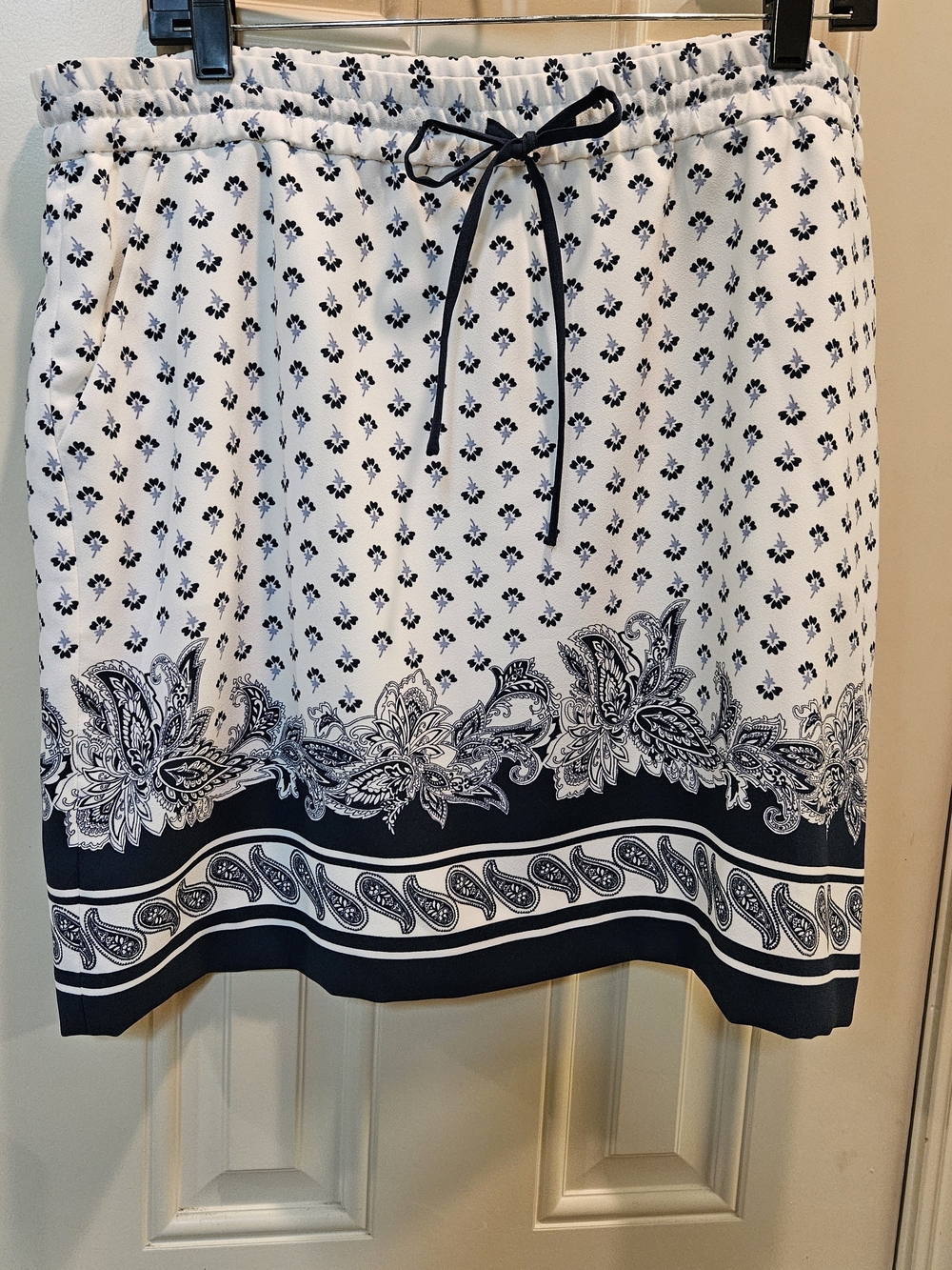 Ann Taylor Navy and White Printed Drawstring Mini Skirt